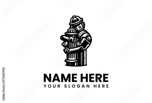 Robot Hugging Fire Hydrant A Black and White Logo Design Concept with Customizable Text