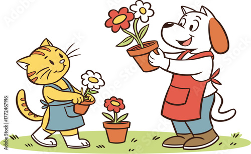 Cartoon vector illustration of a smiling boy holding a bouquet of tulips for a girl