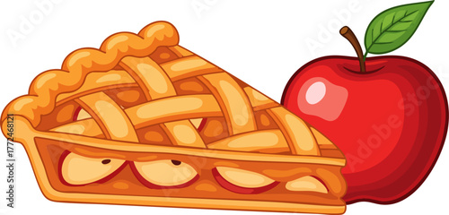 Fruit pie with lattice crust, served with apple, flat vector illustration.