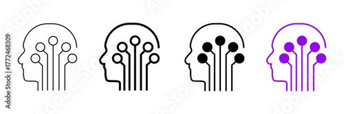 Set of minimalist artificial intelligence head icons with transparent background, depicting AI brains, digital minds, neural networks, and smart technology, vector illustration