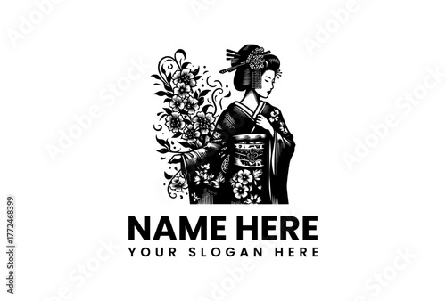 Vintage artistic representation of a Geisha with flowers, a beautiful symbol of Japanese culture and tradition for a brand identity design element
