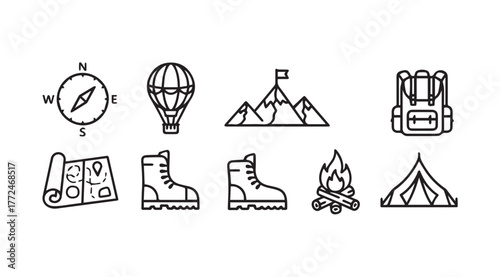 Adventure and exploration icons depicting camping hiking and travel symbols for outdoor pursuits vector