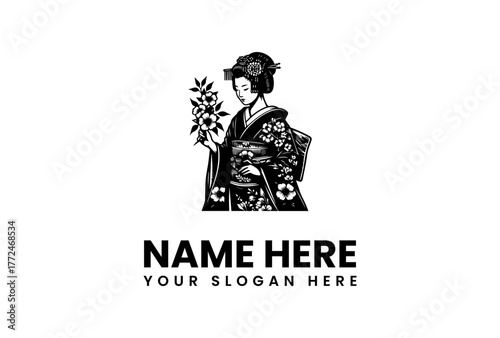 Elegant black and white vector logo featuring a traditional Japanese geisha in a kimono holding a beautiful flower, an emblem of culture and beauty