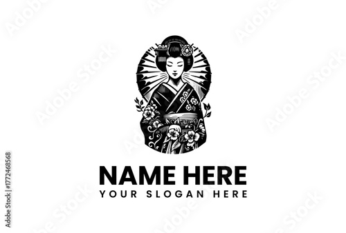 Elegant black and white Japanese geisha portrait illustration, a beautiful traditional Asian woman in a classic kimono adorned with intricate floral details, perfect for cultural branding logos