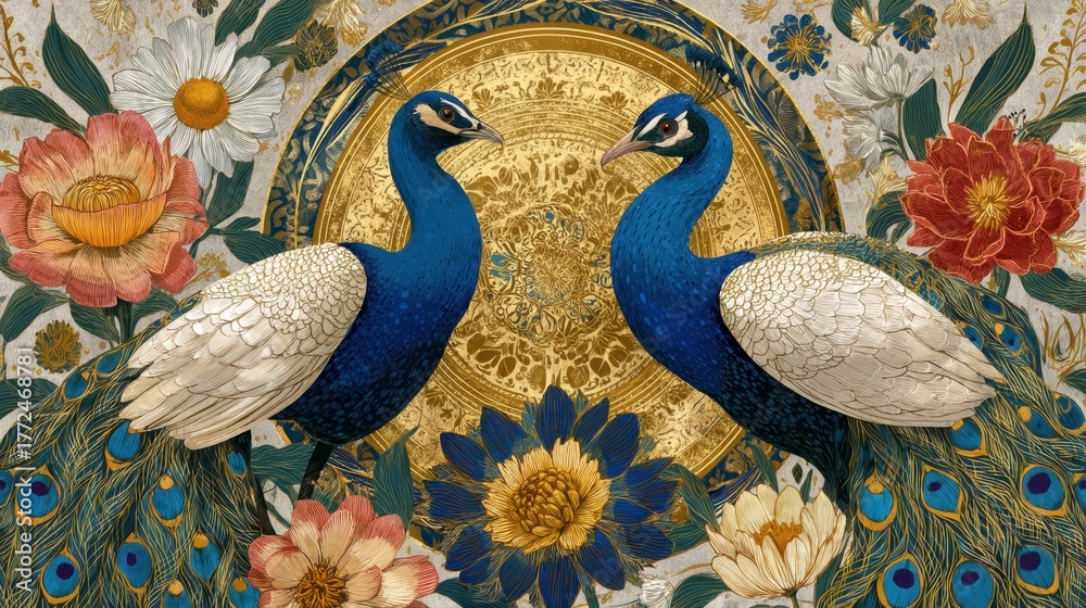 Obraz premium Elegant Peacocks Surrounded by Colorful Flowers and Golden Ornamentation in Beautiful Floral Design