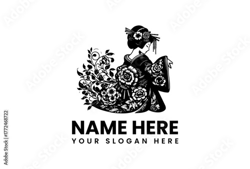A beautiful hand-drawn illustration of a traditional Japanese geisha wearing a floral kimono, viewed from the back. This elegant vector design is suitable for a logo or cultural emblem
