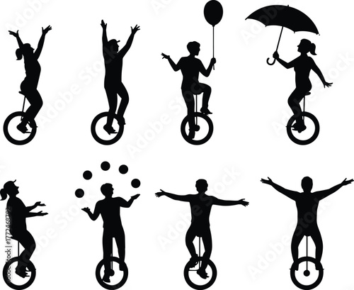 Silhouette unicycle riders performing tricks, juggling, holding balloon, umbrella, celebrating, balancing, circus performance, artistic poses, creative design, unique illustration