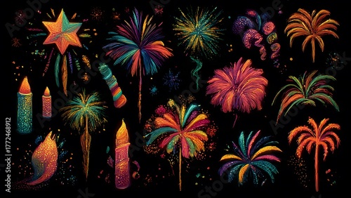 A spectacular display of illustrated pyrotechnics, featuring a variety of colorful fireworks on a black backdrop for festive occasions