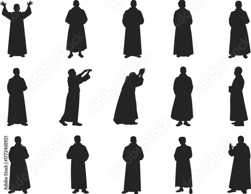 Black silhouette figures in long robes, expressive human poses, dramatic gestures, spiritual symbolism, abstract body language, theatrical performance, artistic illustration