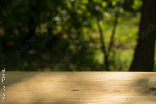 Empty wooden table with sunlight and forest background
