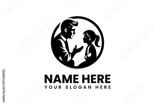 Silhouette emblem of a father and daughter in conversation, symbolizing parental guidance, mentorship, and family communication within a circular frame