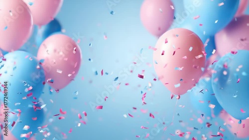 Celebrate, balloons and confetti background with copy space for festive gender reveal party, decor, balloon, birthday, fun, holiday, surprise, festive, happy