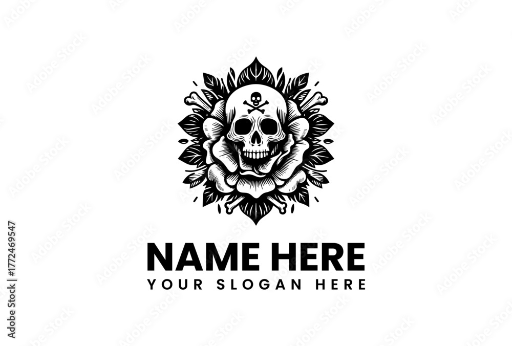 Fototapeta premium Gothic emblem of a human skull with a crossbones mark on its forehead, intricately framed by a blooming rose. Vintage black and white tattoo style vector logo
