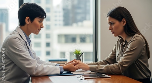a doctor holds the hands of her patient in a modern office setting, offering support and comfort