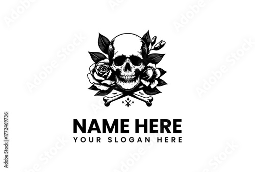 Skull and Roses Logo with Bones - Perfect for T-Shirts, Merchandise, and Branding