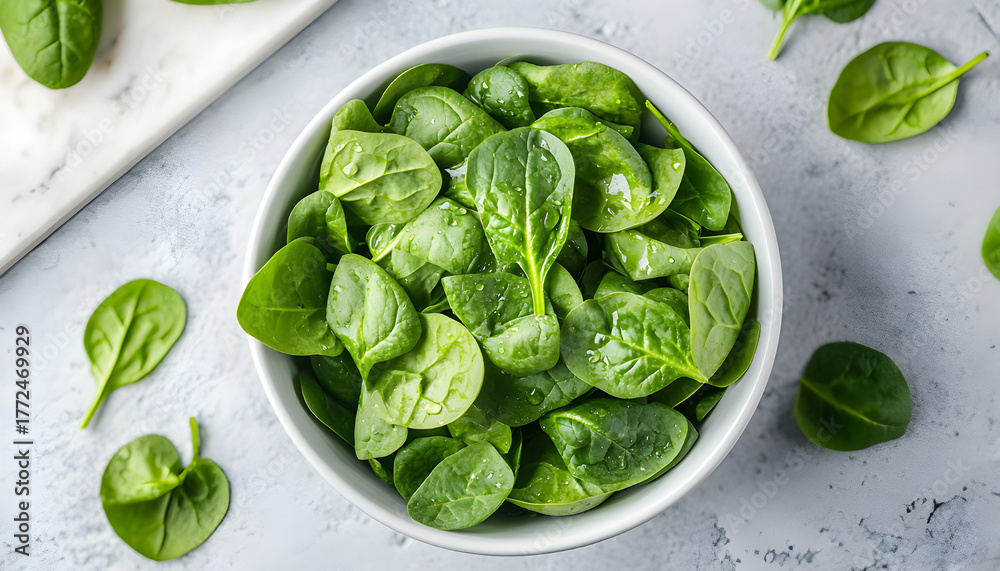Obraz premium Fresh spinach leaves on white plate. Healthy vegan food. Top view
