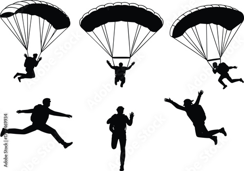 Silhouette skydivers and parachutists in action, extreme sport freefall, parachute jump, adventure skydiving, aerial silhouettes, outdoor adrenaline activity illustration