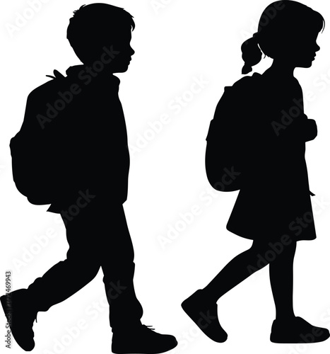 Silhouette of two school children walking with backpacks, boy and girl students together, education concept, childhood routine, pedestrian safety illustration