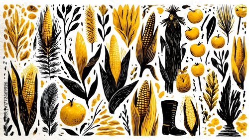 Autumn Harvest Collection Elegant Illustrations of Corn, Wheat, and Seasonal Elements for Design