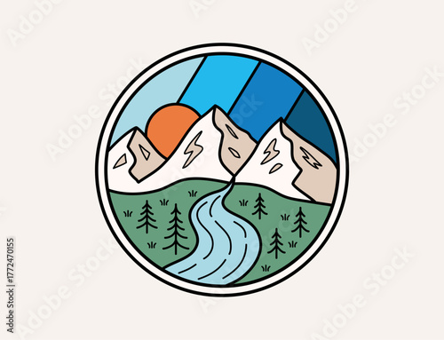  Outdoor adventure badge with a scenic view of a mountain, river, and pine trees under the sun. Vector graphic for hiking and nature themed t-shirts, posters, stickers and other uses.