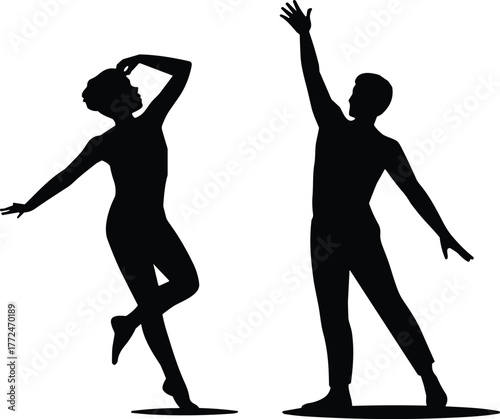 Silhouette dancers performing expressive contemporary dance poses, elegant artistic movement, graceful body balance, modern choreography, creative performance, minimalistic black silhouette