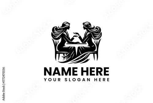 Elegant silhouette logo of two women with long flowing hair sitting at a table for a conversation or psychic reading, vector art 168.eps
