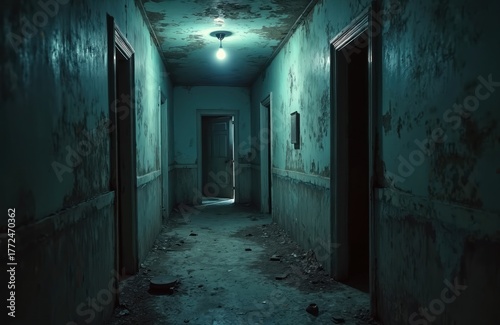 Dark, derelict hallway inside abandoned building. Grimy walls, peeling paint, dirt floor with debris. Single light bulb illuminates empty passage. Doors line corridor.