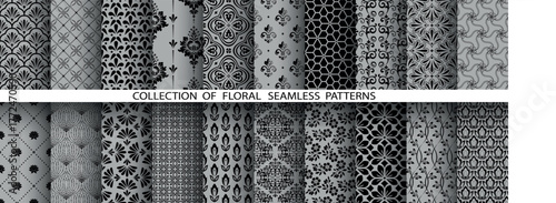 Geometric floral set of seamless patterns. Gray and black vector backgrounds. Damask graphic ornaments