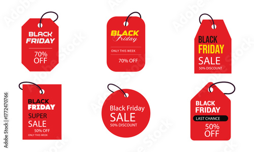Black Friday sale tags in red and black design with discount offers like 50%–70% off. Perfect for marketing, eCommerce, posters, banners, and social media promotions for holiday shopping events.