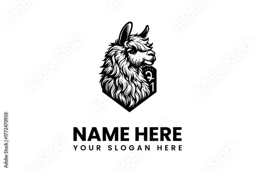 Vintage engraving style illustration of a llama head mascot inside a shield crest. Black and white alpaca animal logo design template. Vector graphic