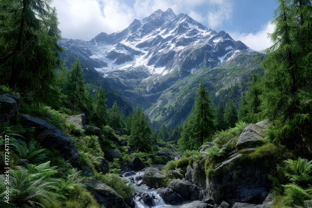 Fototapeta premium Majestic mountains rise above a lush green valley with a flowing stream and thick foliage