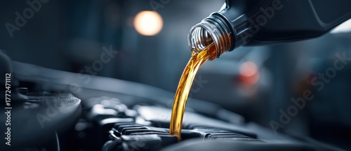 Pouring engine oil into car engine