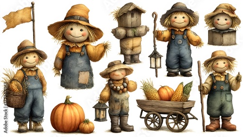 A delightful collection of autumn scarecrow figures in a rustic farm setting, perfect for harvest festival designs