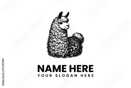 Detailed hand-drawn llama illustration for a charming business logo. Unique animal graphic design suitable for creative branding, pet services
