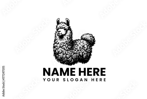 Detailed black and white sketch of a cute llama, designed as a vintage-style logo emblem for a brand or farm. Vector illustration 184