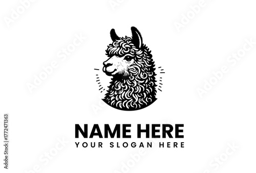 Graceful alpaca head logo design in a classic monochrome illustration style, featuring intricate details for sophisticated branding and unique identity