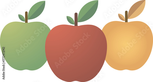 Three apples of different colors isolated on transparent background, a healthy snack
