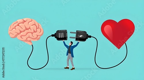heart and brain connection, align your heart and brain, control feeling and emotion with logical thinking brain, man connect plug with heart to brain concept vector illustration with flat style design