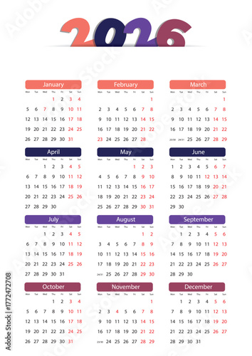 colorful 2026 yearly calendar design template vector