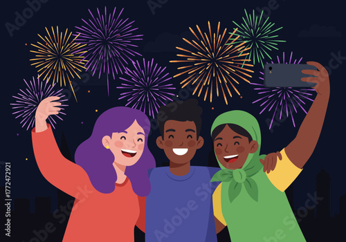 Diverse friends taking a selfie during a fireworks display.