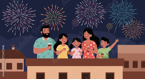 Family Watching Fireworks on Rooftop Celebration.