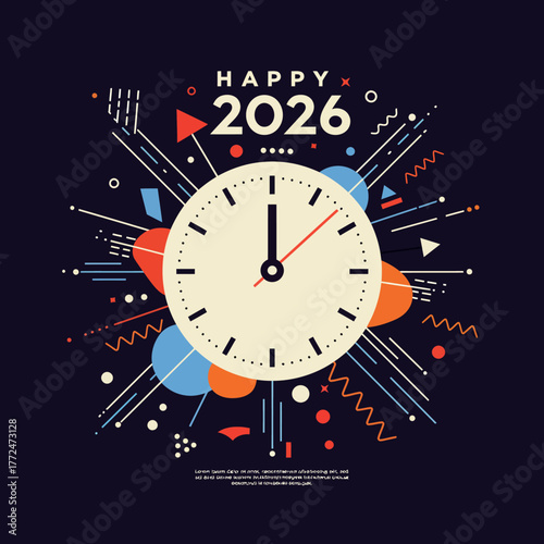 Happy New Year 2026 Celebration with Clock and Abstract Elements.