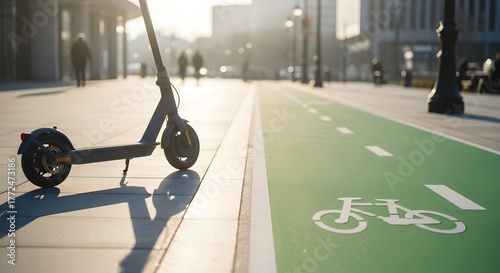 Electric scooter parked on a city sidewalk next to a green bicycle lane.