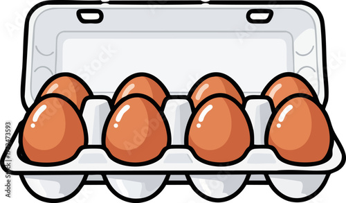 Half-dozen egg carton with six brown eggs, flat vector illustration.