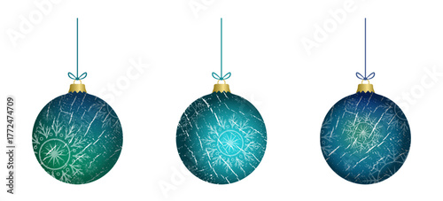 Abstract colorful 3d retro style christmas baubles set with snowflake decoration. Glass balls collection with ice flake to use for christmas card, xmas, winter holiday, new year projects. 