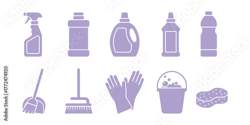 Vector illustrations of cleaning products and plastic bottles.