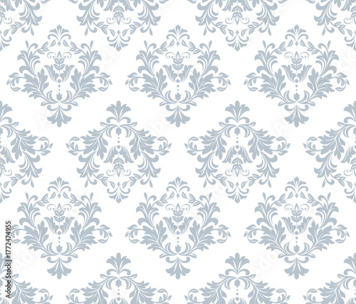 Wallpaper in the style of Baroque. White and gray floral ornament. Seamless vector background. Graphic pattern for fabric, wallpaper, packaging. Ornate Damask flower illustration