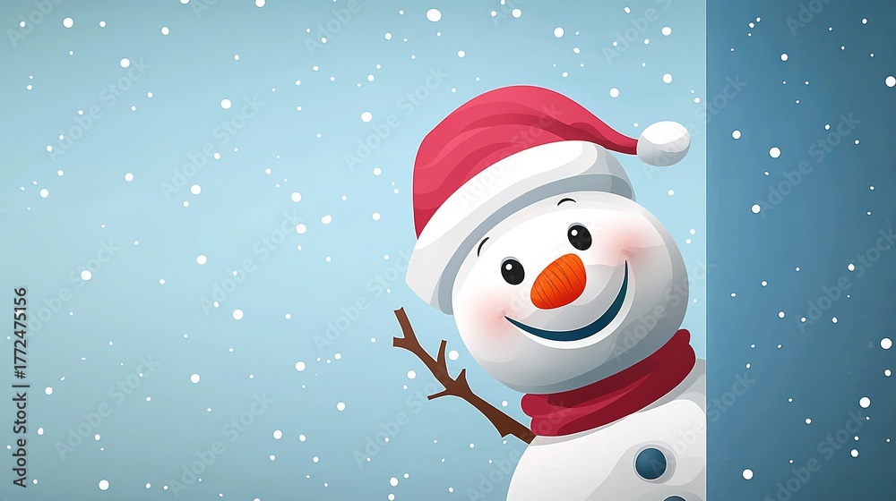 Naklejka premium Cute cartoon snowman peeking from behind wall, smiling and waving, light blue background with blank area for text.