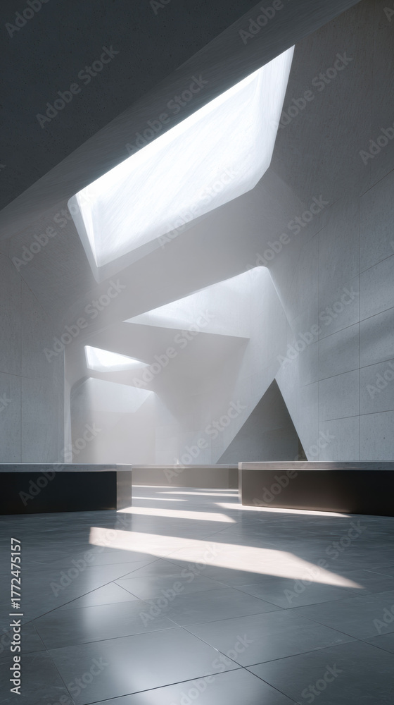 Obraz premium Serene modern architecture interior with minimalist design. quiet, empty space features geometric shapes, abstract forms, and dramatic play of light and shadow