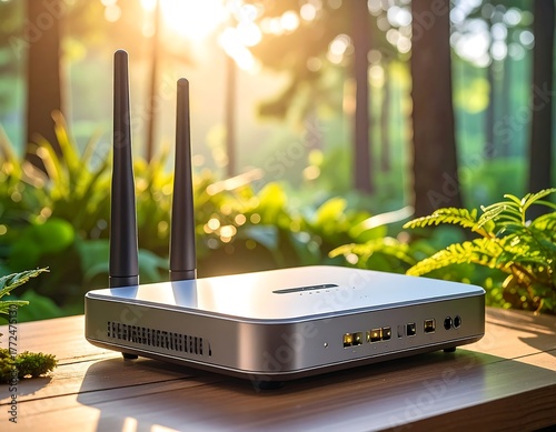 Modern router on a wooden table with nature backdrop
